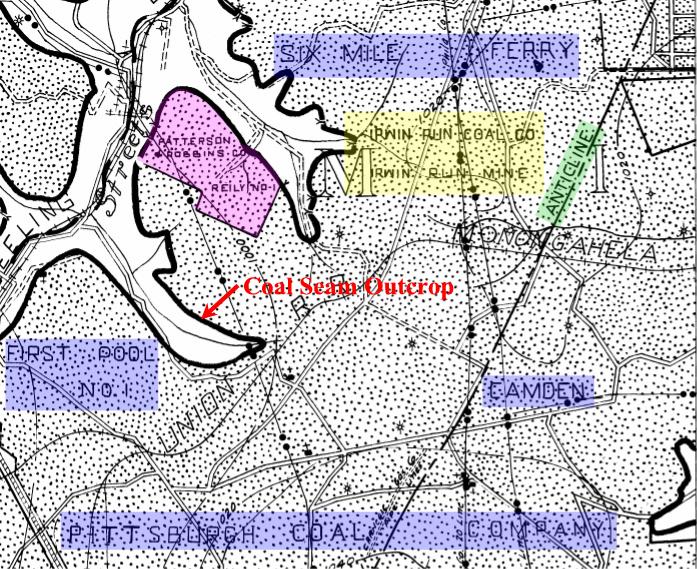 Base map highlighting coal mine blocks and potential pond site.